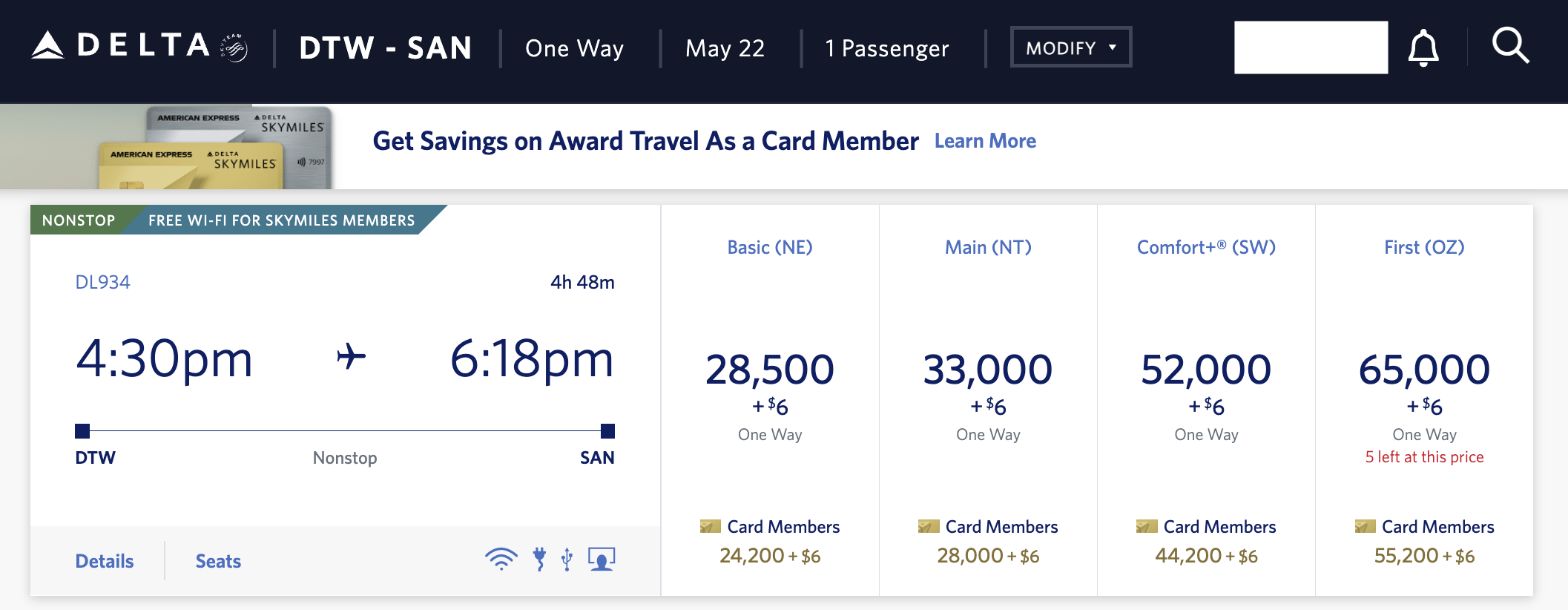 delta skymiles booking for dtw-san flight