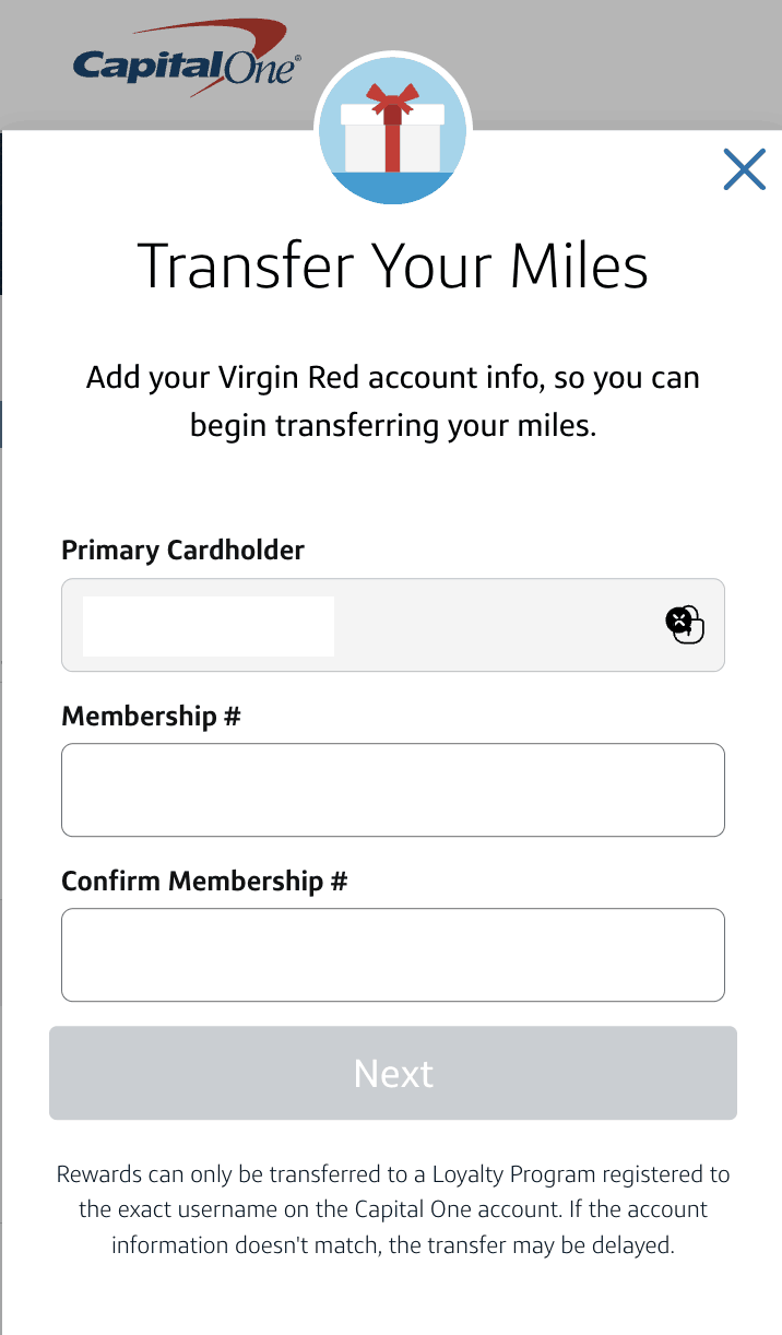 capital one virgin red membership number enter area