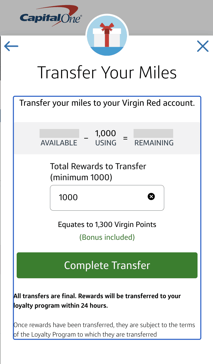 virgin red capital one bonus transfer screen