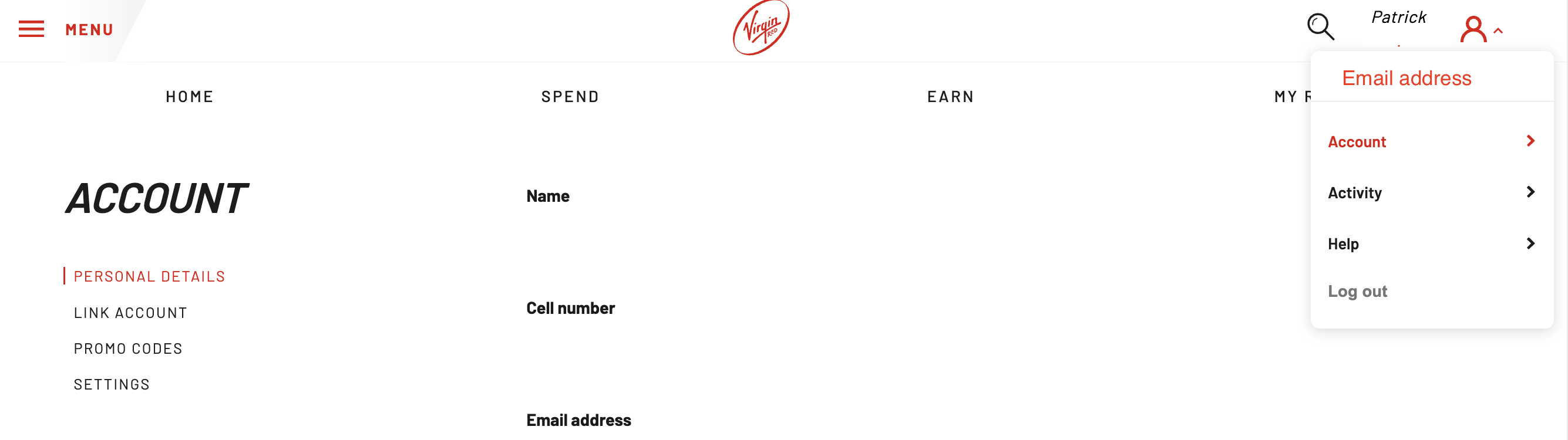 virgin red personal info section